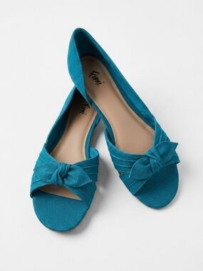 Fioni Dottie Teal Bow Peep-Toe Flats Featuring a Prominent Bow Detail NWOT